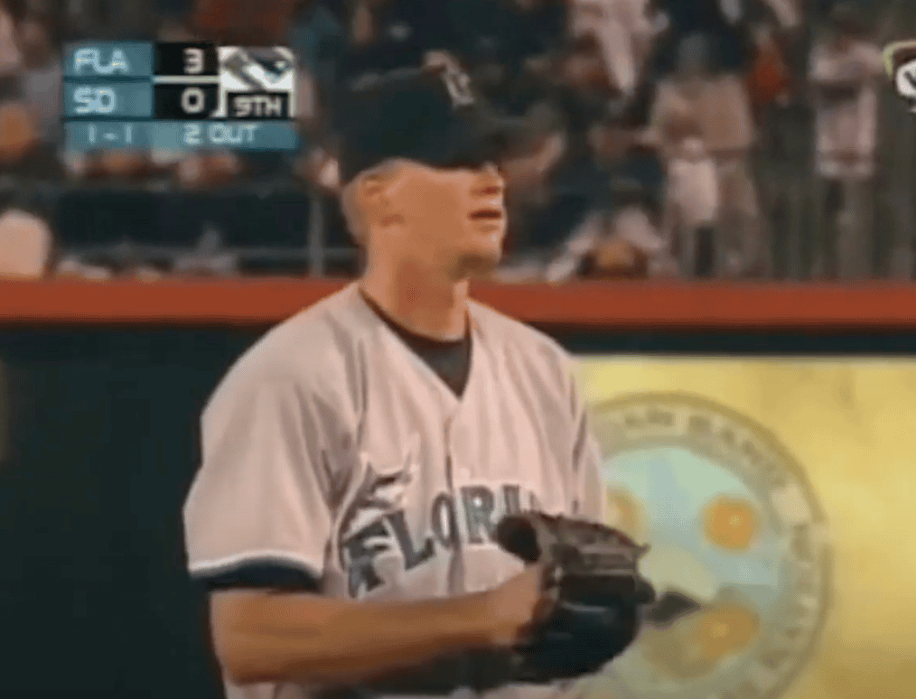 A.J. Burnett celebrating after his no-hitter, a highlight of Marlins legends.